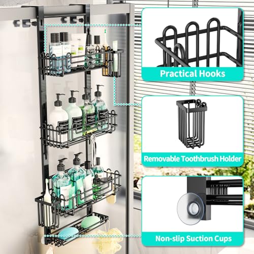 HapiRm Over the Door Shower Caddy - 4-Tier Hanging Shower Organizer with 22 Hooks and 2 Toothbrush Holders, No Drilling Adjustable Hanging Shelves for Bathroom - Black
