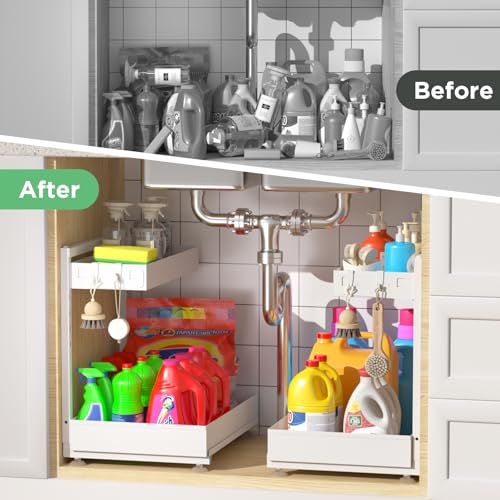 Under Sink Organizer Bathroom Kitchen: 2 Pack 2 Ti... (cream white | Carbon Steel)