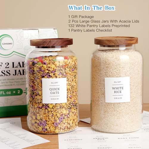 CZHQSMZ Set of 2 Large Glass Jar with Airtight Acacia Lid and 132 Kitchen Pantry Labels, Clear Glass Food Storage Jars Containers for Rice Flour Pasta Sugar Coffee Cookie and More(98 Fl Oz/2800 Ml)