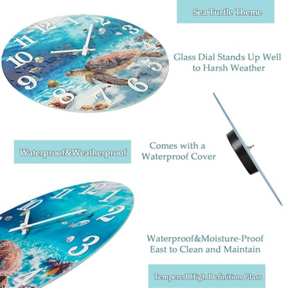 Yoiolclc Outdoor Clock Waterproof Ocean Nautical Wall Clocks for Patio Pool Garden Bathroom Home Decor(12 Inch,Blue,Sea Turtle)