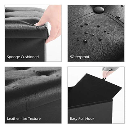 Youdesure 30" Ottoman with Storage, Folding Faux Leather Bench, Black | Foldable ottoman with hidden storage, padded seat and sturdy MDF frame for everyday use.