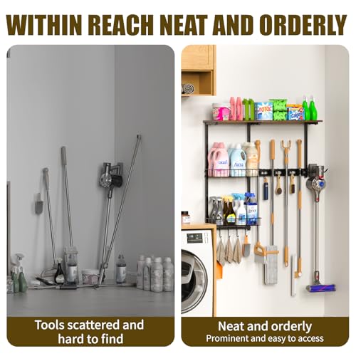Broom Holder Wall Mount，Mop Rack With Storage Basket,Diversity Laundry Room Cleaning Tool Storage container，Suitable Family Garage Kitchen Organization Wall-Mounted Rack (Black, Medium)