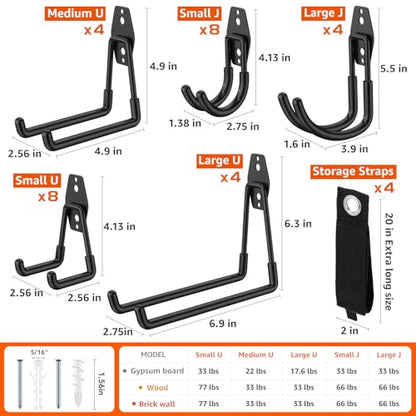 32-Pack Heavy Duty Wall Mount Garage Hooks | Hanging Storage For Ladders, Hoses, Bikes, Garden Tools, Ropes; For Yard, Warehouse, Workshop, Shed, Shop
