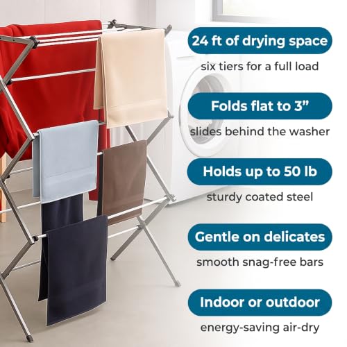 Honey-Can-Do 6-Tier Collapsible Steel Clothes Drying Rack, 24 ft, White | 6-tier steel rack with 24 ft of drying space folds flat to 3 in. Coated bars are gentle on delicates; 50 lb capacity.