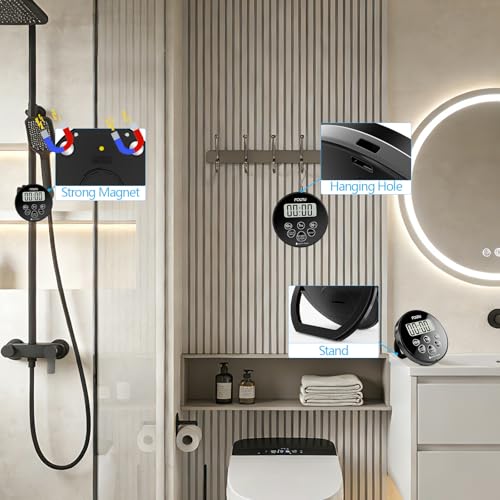 Digital Waterproof Shower Timer, Magnetic Bathroom Shower Clock | 99 Min 50 Sec Countdown, Count up, 12/24H Clock, Loud Alarm, Stand, Hanging Hole, Easy Operation, Child Friendly for Kitchen