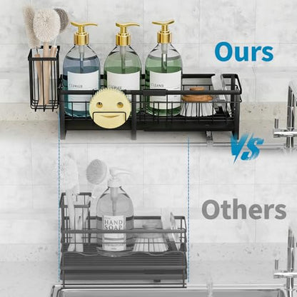 Extra Large Extendable Sponge Holder for Kitchen Sink Caddy Organizer | Rustproof Sink Caddy Organizer with High Brush Holder, Dish Soap Dispenser Organizers and Storage (Black)