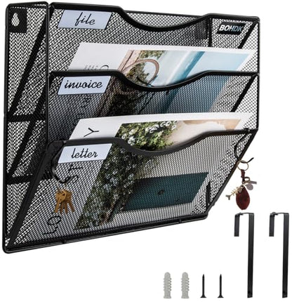 Wall File Organizer, 3 Tire Hanging File Folder Mail Organizer, Vertical Mesh Metal Door/Wall Mount Hanging File Holder, Paper Document Magazine Rack with Hooks for Home Office Black