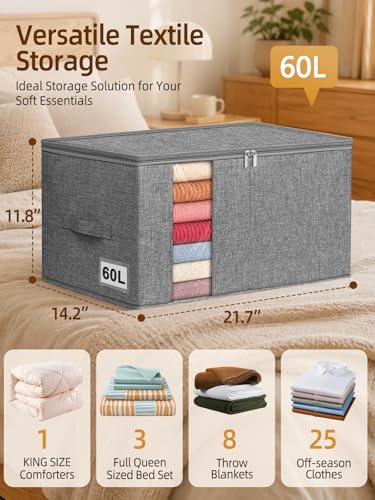 60L Rigid-Sided Blanket Storage Bags, 2 Pack, Gray | Rigid Sides and Bottom, Stackable Design, for Comforters, Quilts, Bedding, Pillows and Clothes, Closet and Dorm Organization