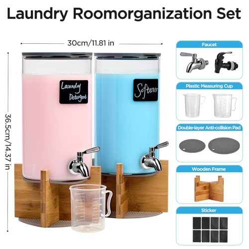 Glass Laundry Detergent Dispenser with Holder,1.1 Gallon Laundry Liquid Dispensers with Stainless-Steel Tap,Large Glass Fabric Softener Containers with Stand for Laundry Room Organization