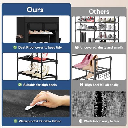 Mavivegue Shoe Rack with Cover, 10 Tier Tall Shoe Organizer for 18-22 Pairs of Shoes, Shoe Organizer with 4 Side Pockets, Shoe Cabinet for Entryway, Closet
