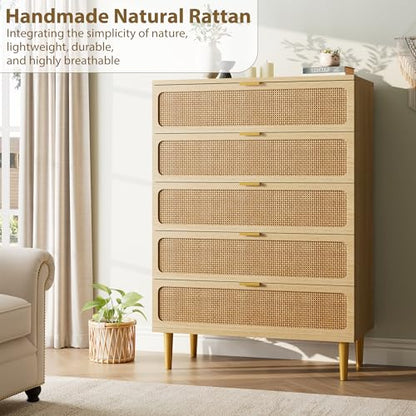 GarveeHome Rattan 5 Drawer Dressers for Bedroom, Deep Drawer, Natural | Tall Dresser, Wide Top, for Living Room, Hallway, Kids Room, Large Chest of Drawers for Closet, Long Wooden Dresser