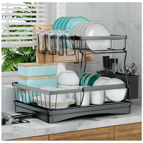 7 code 2-Tier Large Dish Drying Rack for Kitchen Counter, Black | Detachable Large Capacity Dish Drainer Organizer with Auto Drain, Anti-Rust Dish Rack with Cup & Utensil Holders