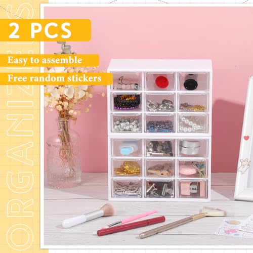 2 Pcs Mini Storage Drawers with 9 Clear Drawers,White