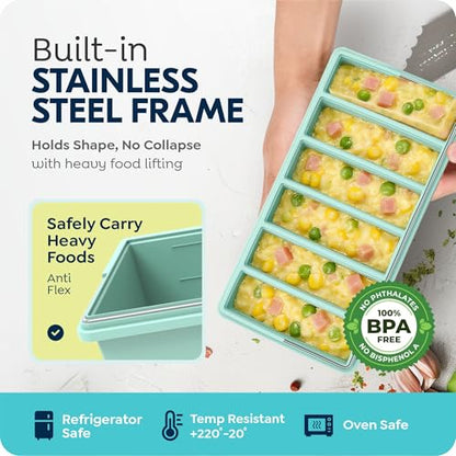1/2 Cup Silicone Freezer Molds with Lid, Soup Container Style Ice Cube Trays for Freezer - Reinforced Steel Ring Top for freezing Soup Sauce Broth Leftovers, Dishwasher & Oven Safe, BPA Free 2 Pack