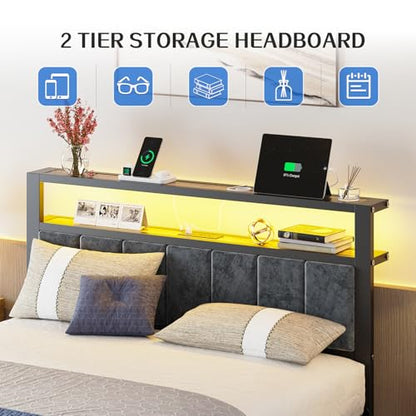 Liians Full Size Bed Frame with LED Lights, Charging Station