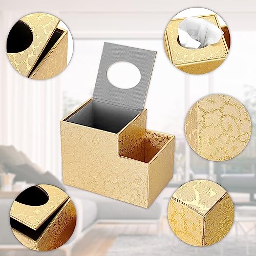 Sumnacon Square Leather Tissue Box Cover - PU Cube Tissue Box Holder with Side Organizer, Decorative Tissue Box for Living Room Vanity Night Stand Desk Countertop Office, Gold