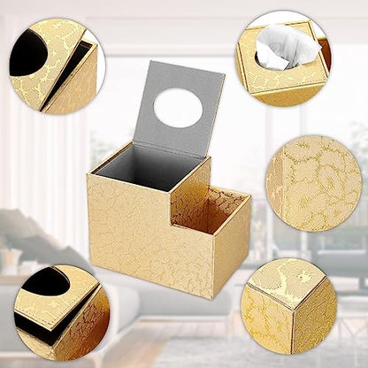 Sumnacon Square Leather Tissue Box Cover - PU Cube Tissue Box Holder with Side Organizer, Decorative Tissue Box for Living Room Vanity Night Stand Desk Countertop Office, Gold