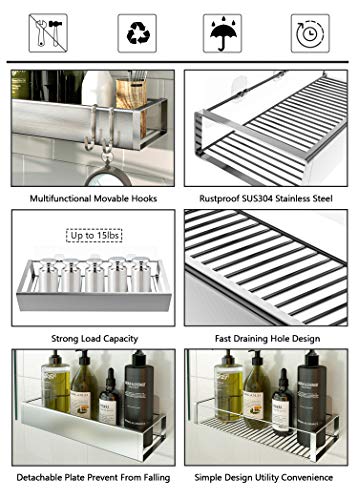 Bathroom Adhesive Shower Caddy Basket Shelf with Hooks, No Drilling Removable Bathroom Shelf Organizer,Stainless Steel Rustproof Shower Rack for Shampoo Storage, Sponge Holder-Silver