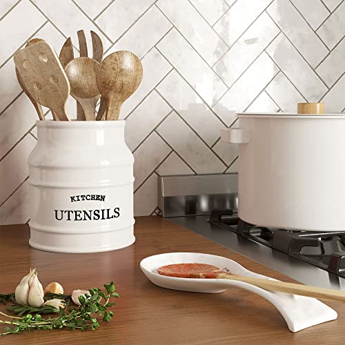 Barnyard Designs Ceramic Kitchen Utensil Holder Countertop 6.75″ (White) | Large Rustic Kitchen Utensil Crock Counter Organizer for Cooking Tools, Spatulas, and Gadgets; Spatula Caddy; Farmhouse Decor