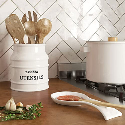 Barnyard Designs Ceramic Kitchen Utensil Holder Countertop 6.75″ (White) | Large Rustic Kitchen Utensil Crock Counter Organizer for Cooking Tools, Spatulas, and Gadgets; Spatula Caddy; Farmhouse Decor