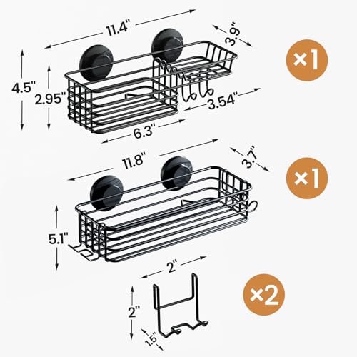 Shower Caddy Suction Cup, 2 Pack Shower Shelves fo... (2 Count | Black | Metal)