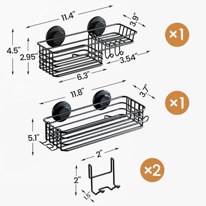 Shower Caddy Suction Cup, 2 Pack Shower Shelves fo... (2 Count | Black | Metal)