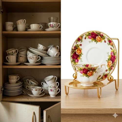 HOHIYA Gold Tea Cup and Saucer Display Stand 6 Cup Holder Rack | Elegant gold tabletop stand displays china cups, saucers, mugs and plates for tea parties, kitchens and coffee bars.