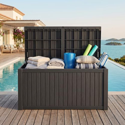 Outdoor Storage Box, 200 Gallon Waterproof Deck Box [Upgraded 3.1], Large Resin Storage with Hydraulic Lifts for King Cushions, Heavy Duty Lockable Bench Seat, Pool Deck, Black