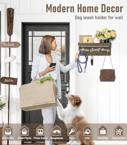 buways Key Holder Wall Mount with 8 Hooks and Cozy Home Sign (Brown) | Solid Wood, Floating Shelf for Keys, Mail, and Daily Essentials in Entryways, Hallways or Home Decor