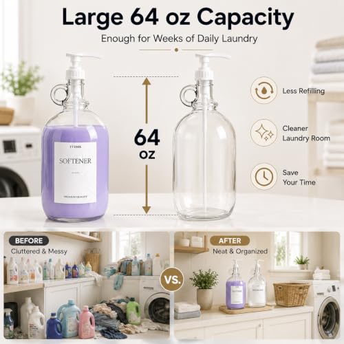 2 Pack Glass Laundry Detergent Dispensers, 64 oz Half Gallon Bottles | Includes Pumps, Waterproof Labels, Funnels and Measuring Cups. Ideal for Organizing Laundry Detergent and Fabric Softener.