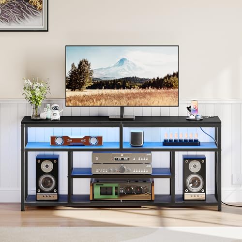 HOOBRO LED TV Stand with Charging Station, 4-Tier Entertainment Gaming Center, Modern Media Console Table, Open Shelves, 55.1"L x 13.8"W x 26.2"H, for TVs up to 65", for Living Room, Black BB47UDDS01