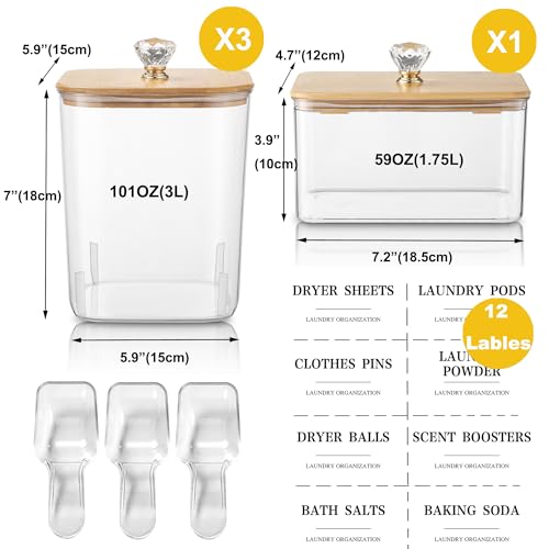 4 Pack Clear Laundry Pods Container & Dryer Sheet Holder Set with Lid, Laundry Containers with Scoops & Labels, Laundry Room Organization and Storage for Laundry Detergent, Pods, Powder, Beads