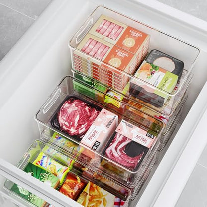 8 PACK Freezer Organizer Bins Fridge Organizers and Storage Stackable Refrigerator Organizers Bins with Side Handles Clear Storage Bins for Pantry, Under Sink, Kitchen Cabinet