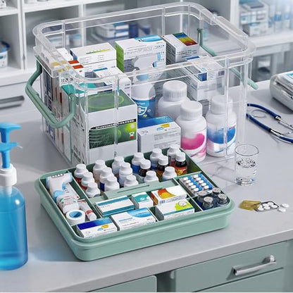 NZYNZY 15QT Clear Medicine Organizer Storage Box with Handle Medicine Container with Tray, Thickened Plastic Empty First Aid Box, Multipurpose Medical Medication Caddy Container Chest