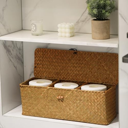 Seagrass Tank Basket with Lid Woven Toilet Roll Storage Basket with Sections Rectangular for Organize Snack Toys Tampon (Large Compartment 16.5inch L x 5.5inch W x 5.5inch H) Natural