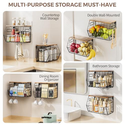 Delamu Stackable Metal Fruit Basket with Wood Lid 2 Pack, Hanging Wall Organizer for Kitchen Counter, Pantry Storage for Onions, Potatoes, Garlic, Fruits, Spices, Black