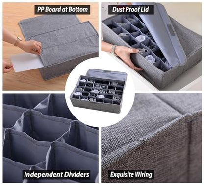 AARAINBOW Underwear Socks Ties Storage Organizer with Lids Foldable Closet Drawer Organizer 30 Cells, Fabric Wardrobe Divider Storage Box for Scarves and Lingerie (30 Cell, Gray)