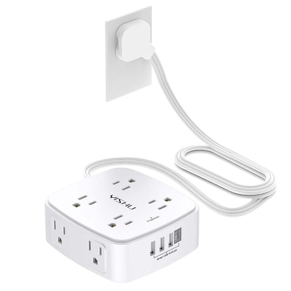 6 Ft Surge Protector Power Strip - YISHU 8 Widely Outlets with 4 USB Ports, 3 Side Outlet Extender with 6 Feet Flat Extension Cord, Ultra Flat Plug, Wall Mount, Desk USB Charging Station, ETL, White