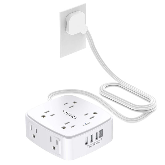 6 Ft Surge Protector Power Strip - YISHU 8 Widely Outlets with 4 USB Ports, 3 Side Outlet Extender with 6 Feet Flat Extension Cord, Ultra Flat Plug, Wall Mount, Desk USB Charging Station, ETL, White