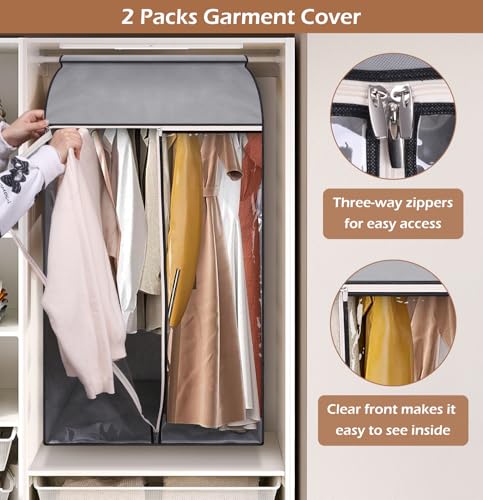 MISSLO 43" Hanging Garment Bags for Hanging Clothes Fully Enclosed Coat Bags for Closet Storage Clothes Cover with Large Clear Window and 3 Zippers (Rack not included), 2 Packs