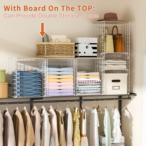 6 Tier Taller Closet Organizers and Storage, Stackable Closet Shelf Organizer with 2 Dividers for Clothes Towels Toys, Rv, Double Storage Design, Clothing Storage Basket for Wardrobe, White