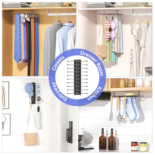 Tie Rack Wall Mounted, Tie Organizer for Men, Tie Rack Hanger for Closet Metal, Adhesive Tie Holder Organizer with 20 Hooks, Tie Storage for Wall Bedroom Living Room Dresser Room (Black)