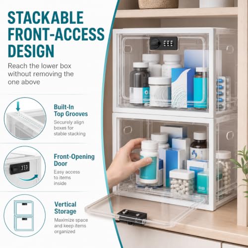 Large Medication Lock Box with Code, Clear Lockable Storage Box for Refrigerator, Cabinet & Dorm, Stackable Medicine Box for Prescriptions, Snacks, Phone, 11.9" x 9.3" x 7.6", White