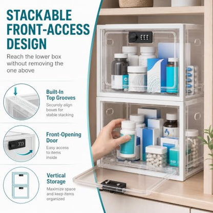 Large Medication Lock Box with Code, Clear Lockable Storage Box for Refrigerator, Cabinet & Dorm, Stackable Medicine Box for Prescriptions, Snacks, Phone, 11.9" x 9.3" x 7.6", White
