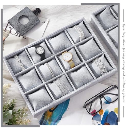 2 Pieces 12 Grid Velvet Watch Tray Jewelry Organizer Stackable Watch Bracelet Bangle Display Holder Adjustable Pillow (Gray)