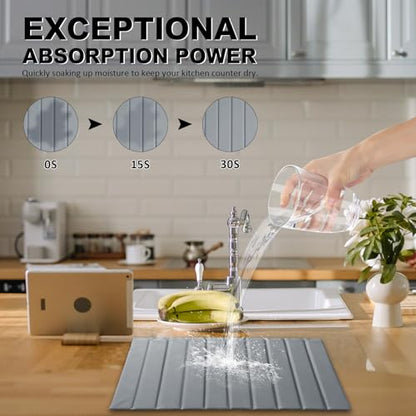 Large Stone Dish Drying Mat for Kitchen Counter 24x16 Inch - Super Absorbent Quick Dry Diatomaceous Earth with PU Leather, Foldable Space Saving Stone Bath Mats for bathroom