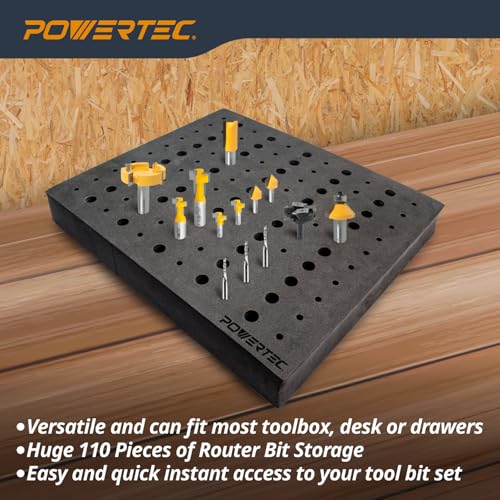 POWERTEC Router Bit Storage Inserts for 110 Bits, 50PCS 1/2" and 60PCS 1/4" Shank Router Bits, Routers Bit Holder, Bits Organizer with High Density Foam, Fits Toolbox, Drawer, Workstation (71046)