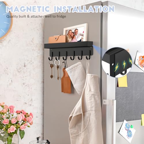 Magnetic Key Holder, Wall Mount Key Rack with Shelf, 9.65 in, Black | Metal Material, Small Size, 6 Metal Hooks, 2 Installation Ways, for Fridge, Entryway, Kitchen, Bathroom, Garage, RV, Office