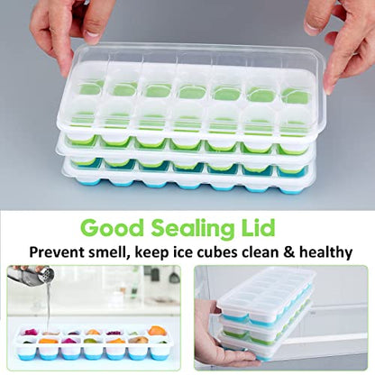 Silicone Ice Cube Tray, 8 Pack Easy-Release & Flexible 14-Ice Cube Trays with Spill-Resistant Removable Lid, Stackable Ice Trays with Covers for Freezer, Cocktail (4 Blue + 4 Green)