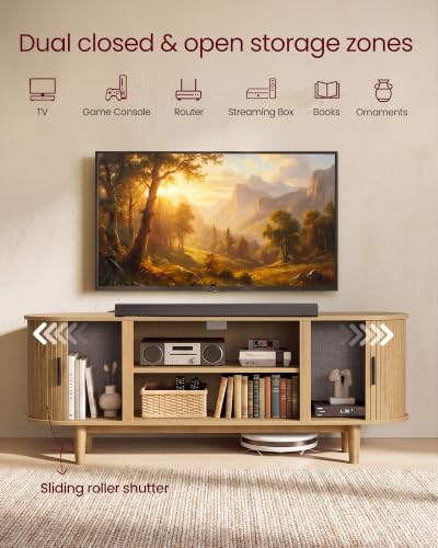 VASAGLE TV Stand for 65-Inch TVs, Mid Century Entertainment Center with Storage, Fluted Sliding Doors, Media Console Table for Living Room, Bedroom, Sand Brown ULTV633K201